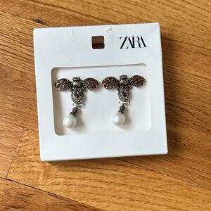ZARA Silver Bee Drop Earrings with Brown Crystal Wings and White Pearls